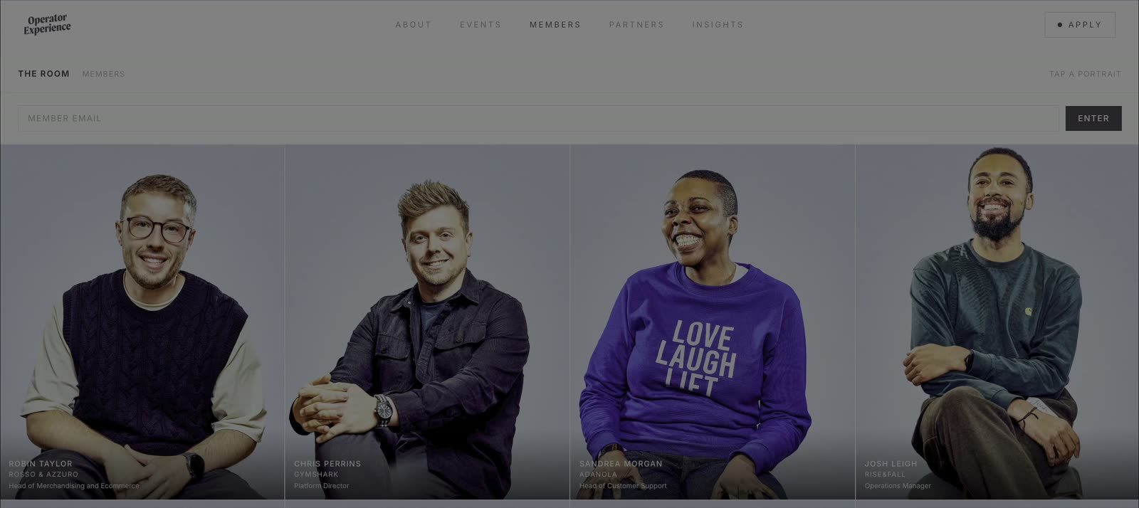 Operator Experience member portrait wall behind an email gate