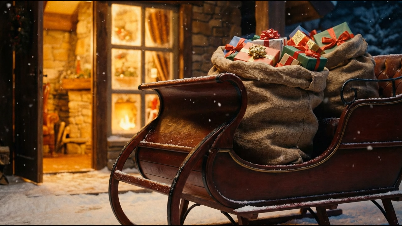 Sleigh stacked with presents at the workshop