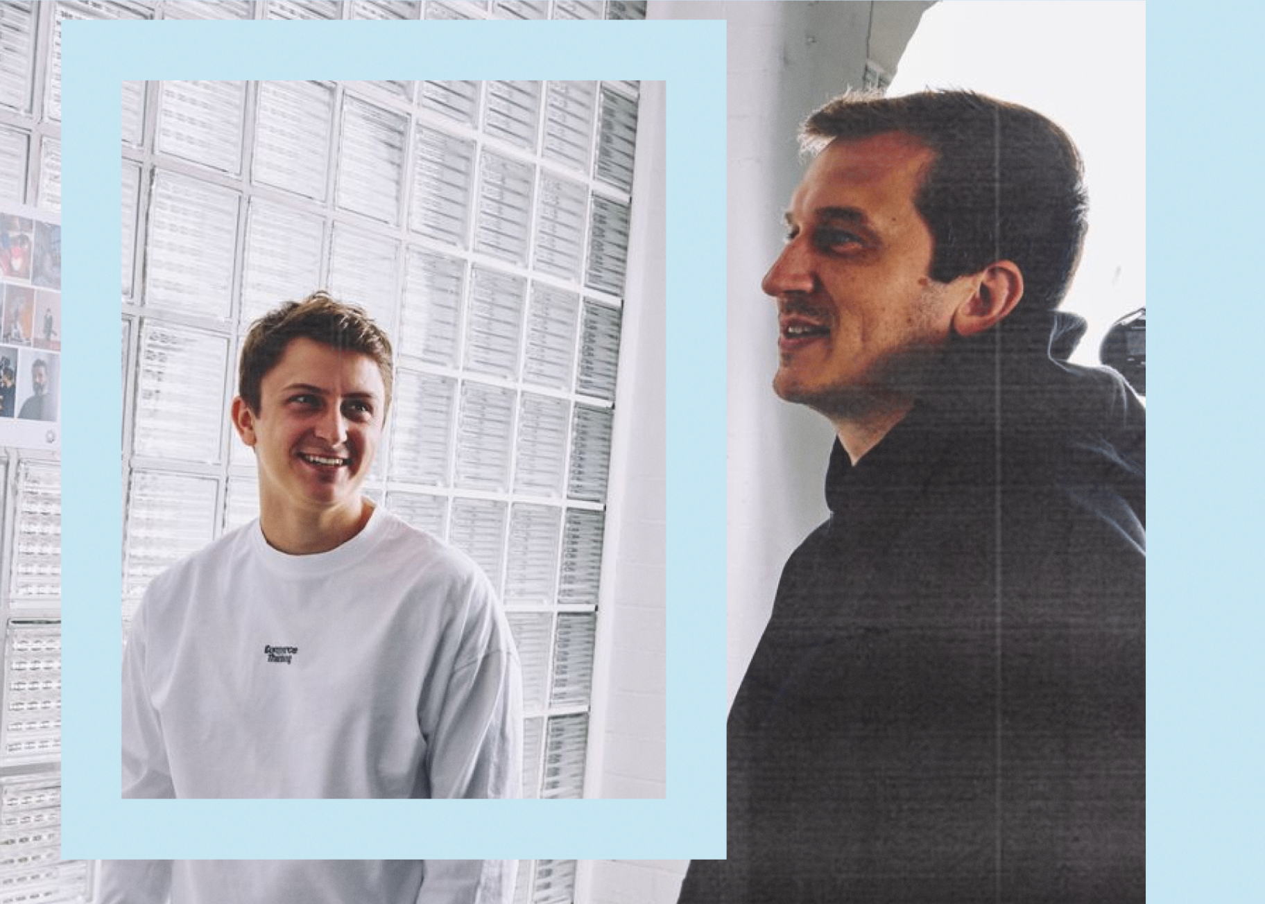 Two Commerce Thinking team members in conversation against a glass-block wall